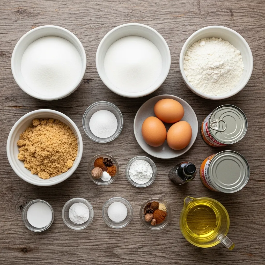 Ingredients for old fashioned pumpkin bread arranged on a rustic table.