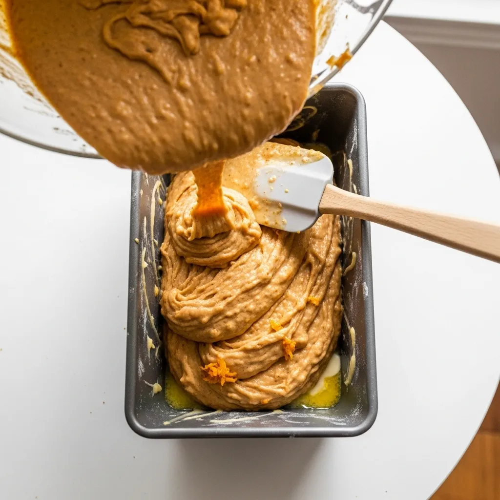 Pouring pumpkin bread batter into a greased loaf pan.
