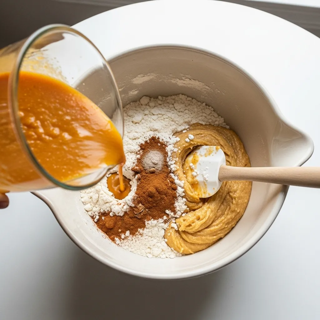 Folding pumpkin bread batter together in a mixing bowl.