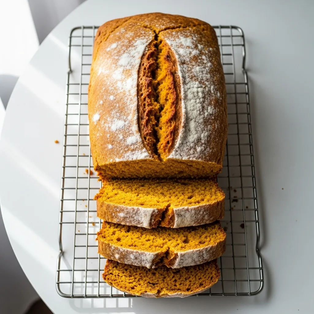 Freshly baked pumpkin bread cooling on a wire rack before slicing.