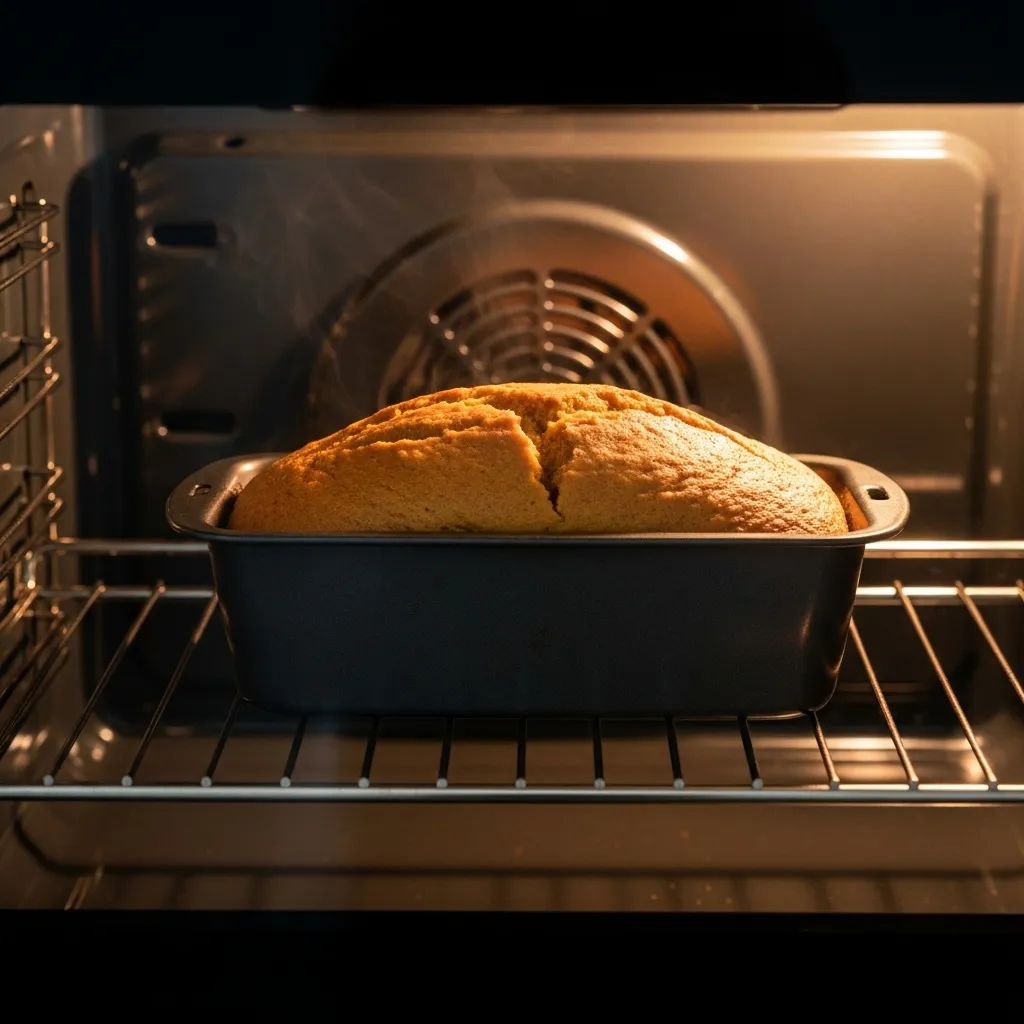 Pumpkin bread loaf baking in the oven with a golden crust.