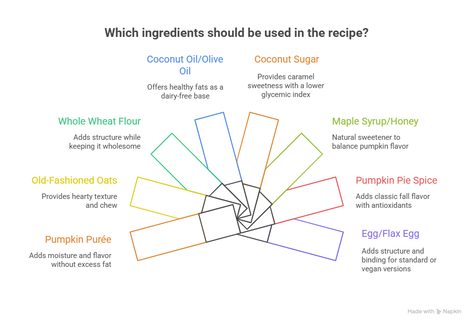 chart showing healthy pumpkin oatmeal cookie ingredients such as pumpkin purée, oats, whole wheat flour, coconut oil, coconut sugar, maple syrup, pumpkin pie spice, and egg or flax egg with their benefits