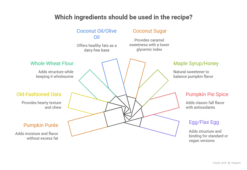 chart showing healthy pumpkin oatmeal cookie ingredients such as pumpkin purée, oats, whole wheat flour, coconut oil, coconut sugar, maple syrup, pumpkin pie spice, and egg or flax egg with their benefits