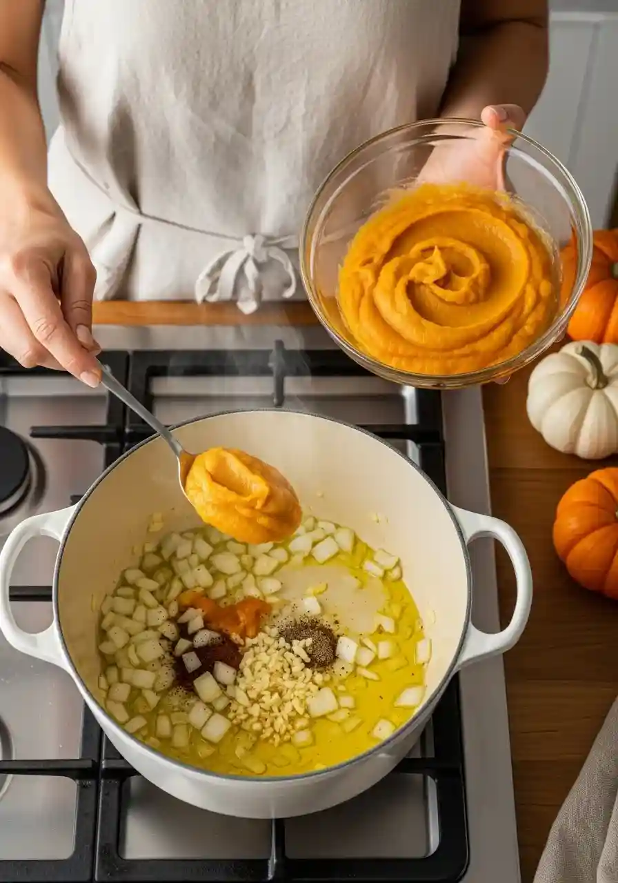 One woman holding a bowl of pumpkin purée and spooning it into a pot with sautéed onion and garlic for vegan pumpkin lentil soup.