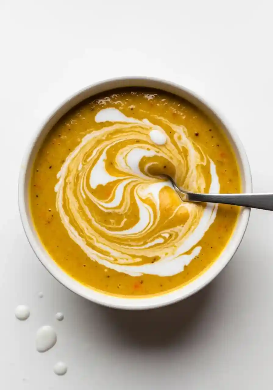 Blending pumpkin and red lentil soup with coconut milk.