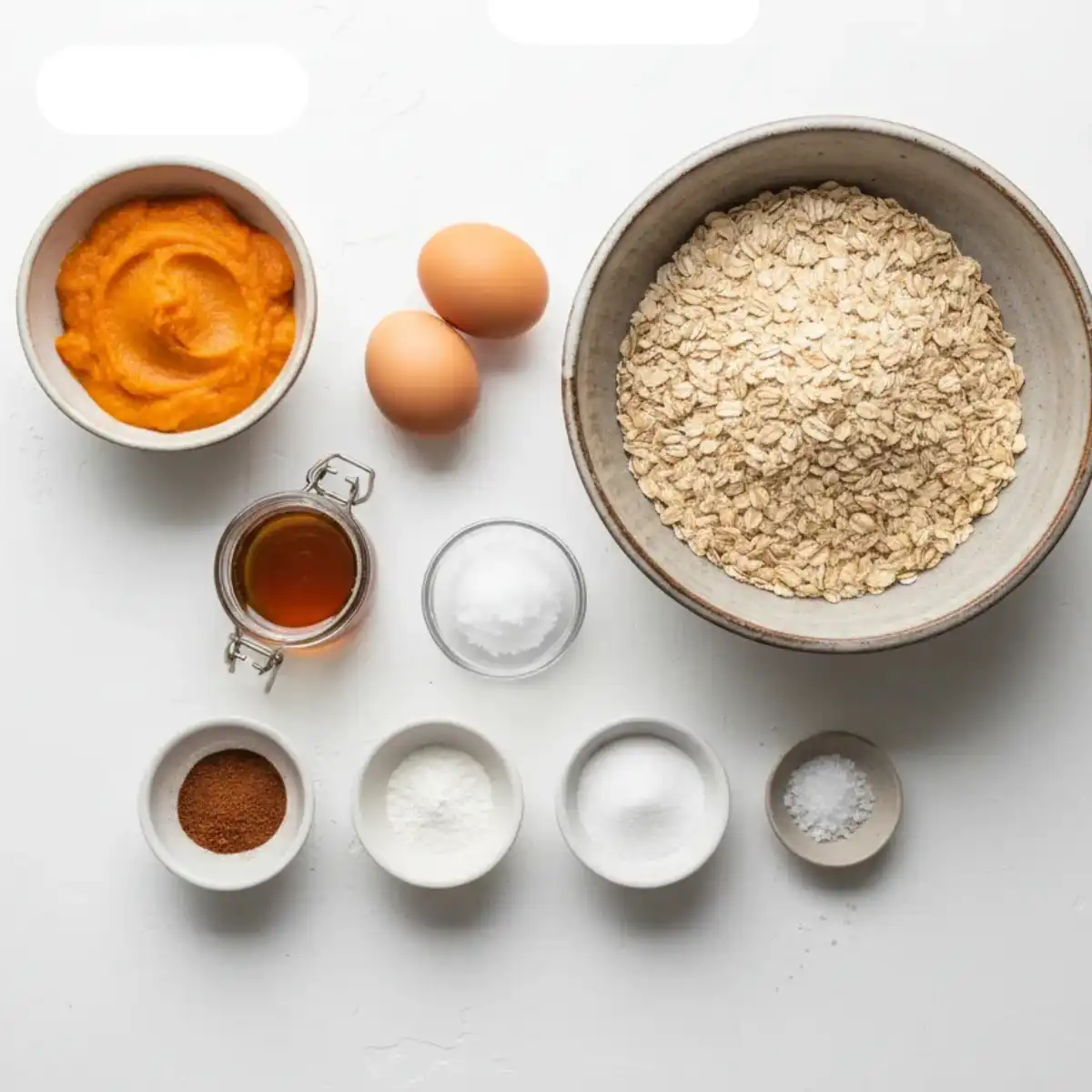 Labeled ingredients for healthy pumpkin oat bread arranged on a white background.