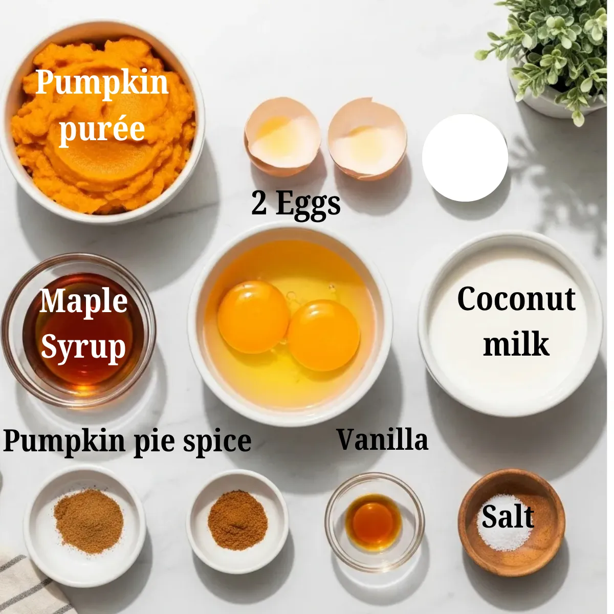 Old-Fashioned Oats (1200 x 1200 px) (2)_compressed Ingredients for healthy pumpkin pie filling including pumpkin purée, maple syrup, coconut milk, eggs, and pumpkin pie spices on a marble surface.