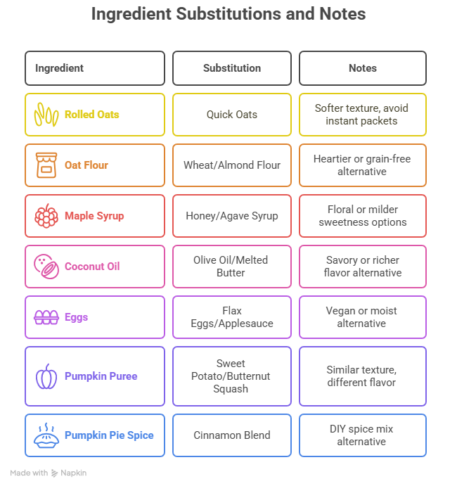 Table Title_ Pumpkin Oat Bread Substitution Guide - visual selection Pumpkin oat bread substitution guide showing ingredient swaps like oats, flour, sweeteners, oils, eggs, pumpkin puree, and spices.