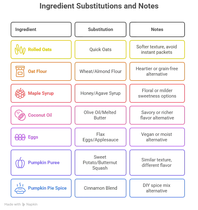 Pumpkin oat bread substitution guide showing ingredient swaps like oats, flour, sweeteners, oils, eggs, pumpkin puree, and spices.
