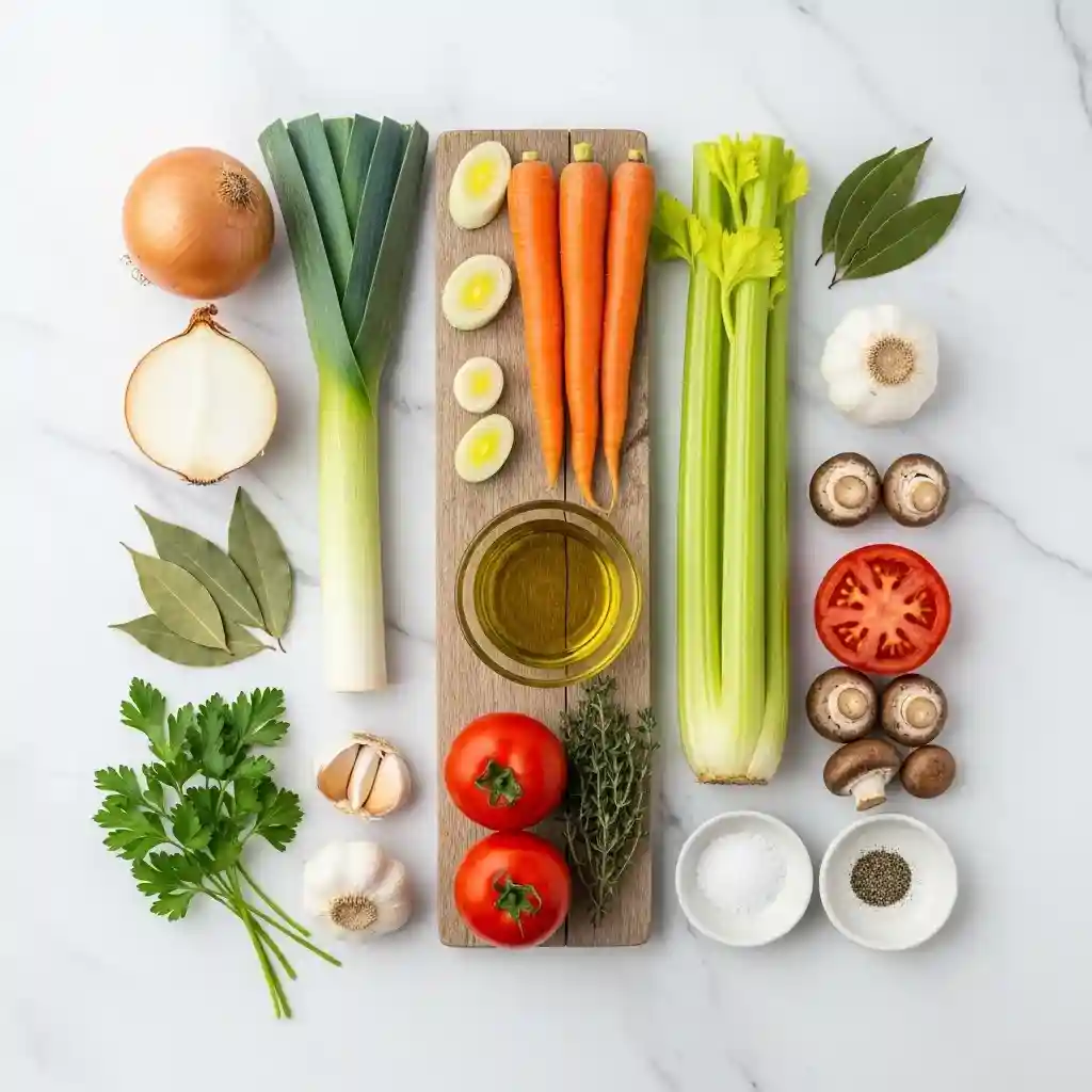 homemade-vegetable-broth-ingredients.webp Fresh vegetables, herbs, and aromatics used to make homemade vegetable broth