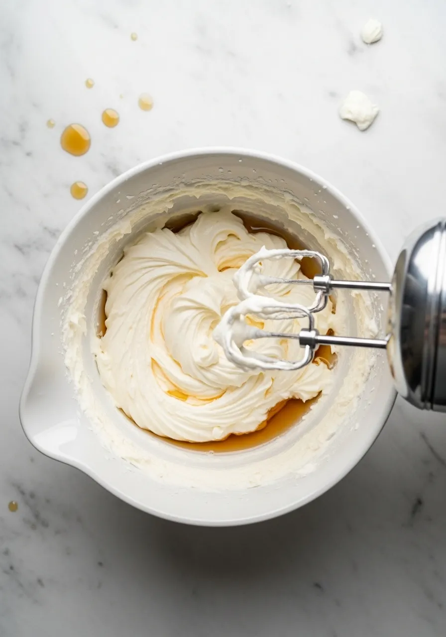 Mixing cream cheese, Greek yogurt, maple syrup, and vanilla extract in a white bowl with a hand mixer, soft natural lighting.