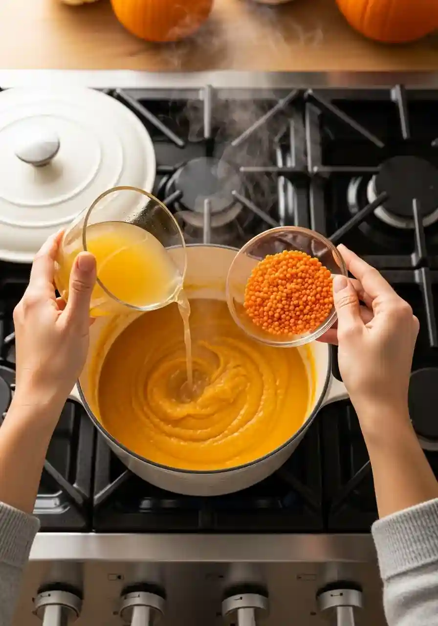 Red lentils and broth being added to pumpkin soup base.