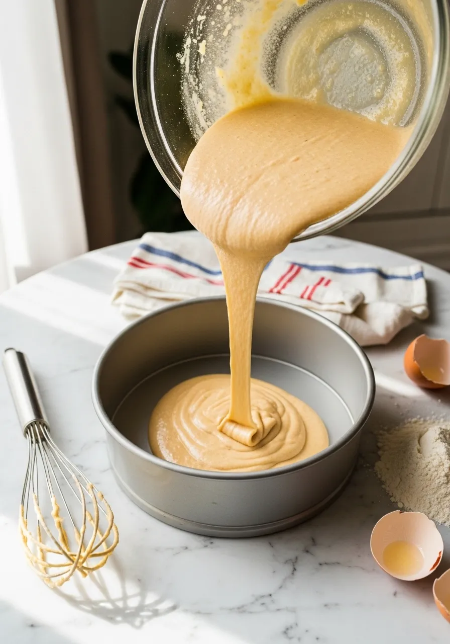 Pouring pumpkin cake batter into a round baking pan.