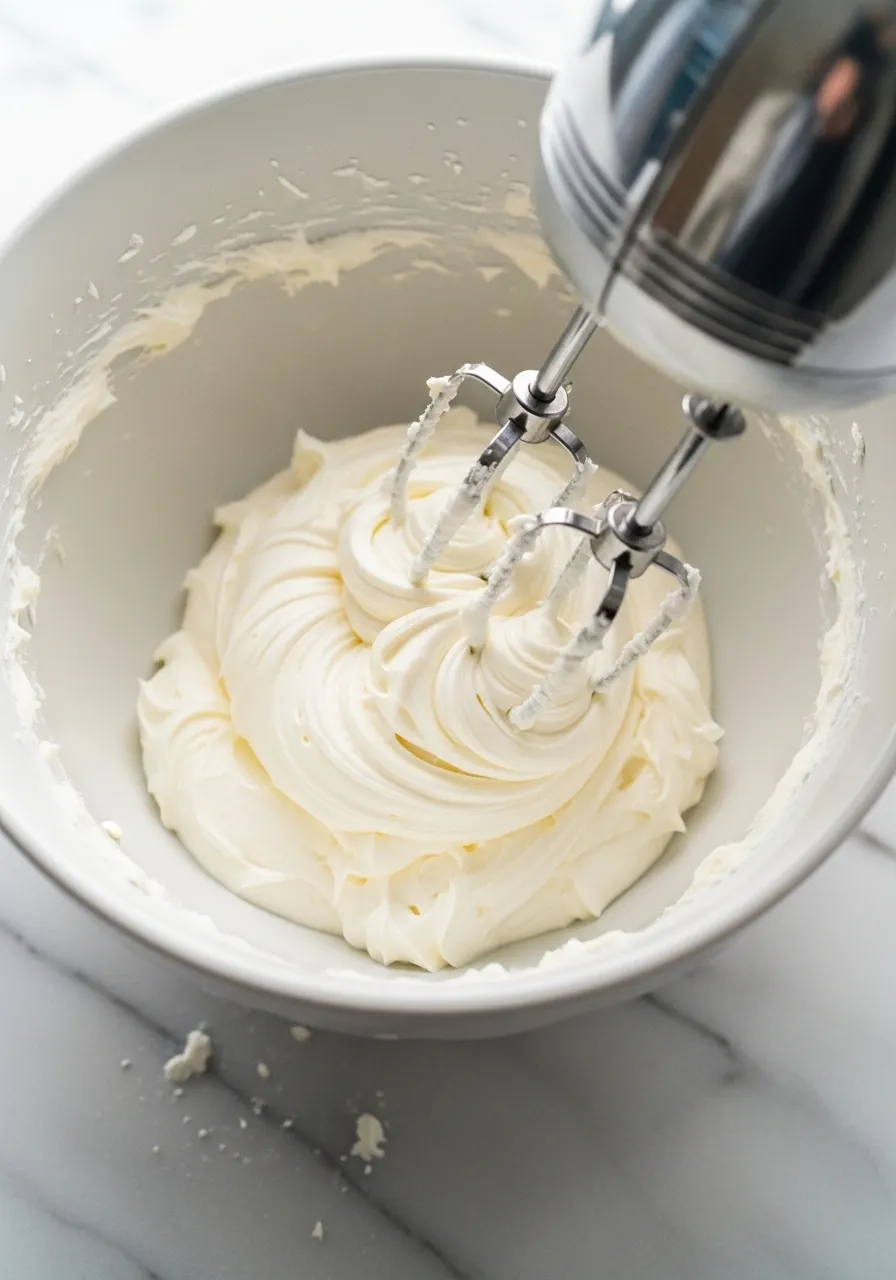 Beating softened cream cheese in a white mixing bowl with a hand mixer on a bright marble countertop, smooth creamy texture, soft natural lighting.