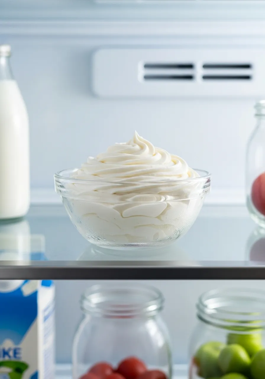 Bowl of cream cheese frosting chilling on a marble countertop before spreading, soft natural lighting.