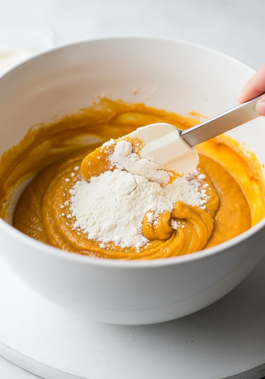 Folding dry ingredients into wet pumpkin batter with a spatula.