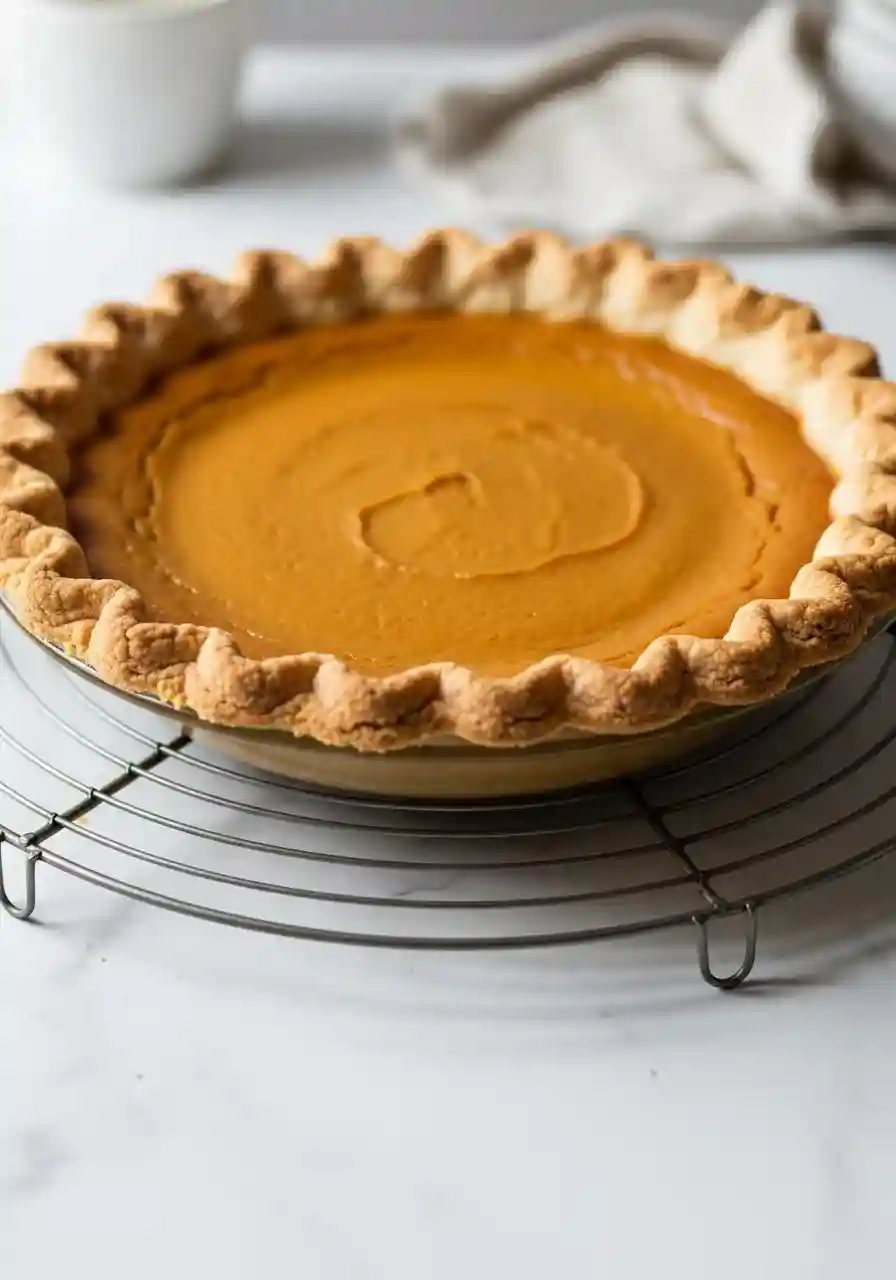 cooling-healthy-pumpkin-pie_compressed Freshly baked healthy pumpkin pie cooling on a wire rack.