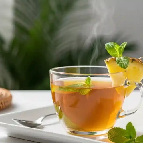 Glass of Costa Rican tea for weight loss with pineapple and mint, set against a soft tropical-inspired background.