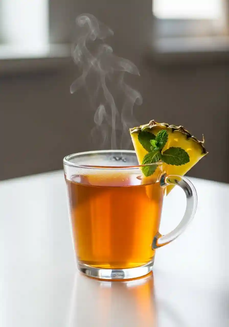 Glass mug of Costa Rican tea for weight loss served hot with pineapple slice and mint sprig in soft natural light.