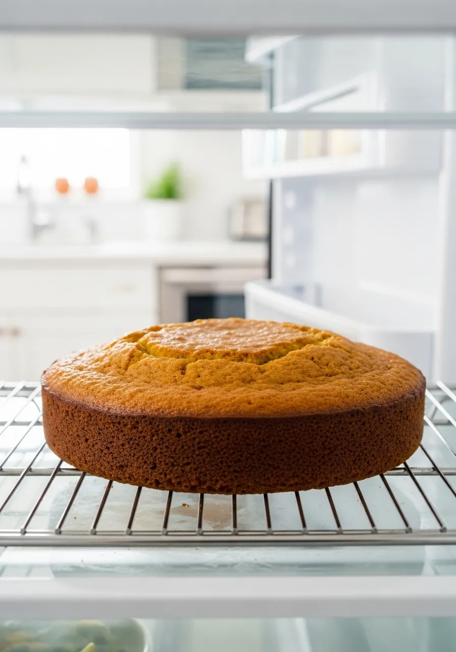 Evenly baked pumpkin applesauce cake with a flat top cooling on a wire rack in the refrigerator.