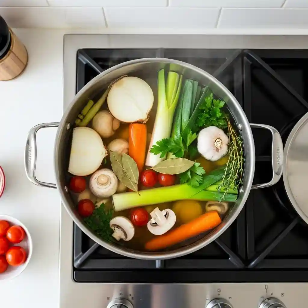 fresh-vegetables-broth-cooktop_compressed Fresh vegetables simmering on a cooktop to make homemade vegetable broth
