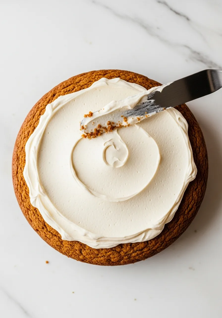 Frosting a pumpkin applesauce cake with smooth cream cheese frosting using a spatula on a marble surface, soft natural lighting.