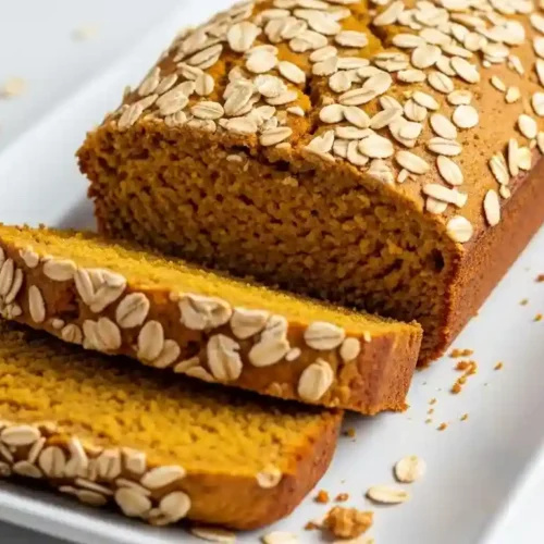The Best Healthy Pumpkin Oat Bread –Moist, Easy & Wholesome 1 Freshly sliced healthy pumpkin oat bread with oats on top, cooling on a rack with warm lighting and cozy fall decor.