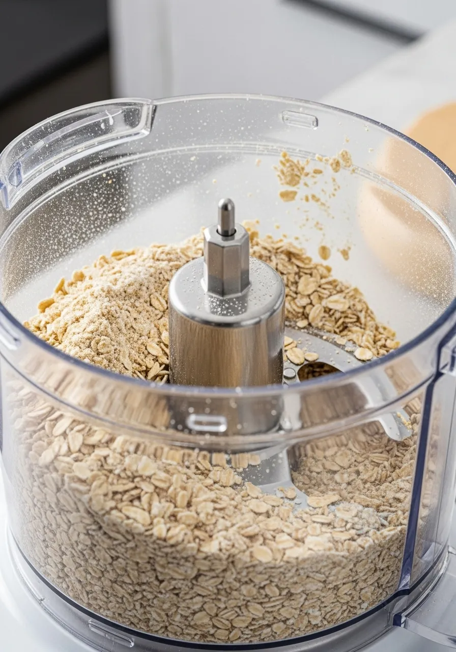 healthy-pumpkin-oat-bread-step2. Blending rolled oats into fine oat flour in a blender.