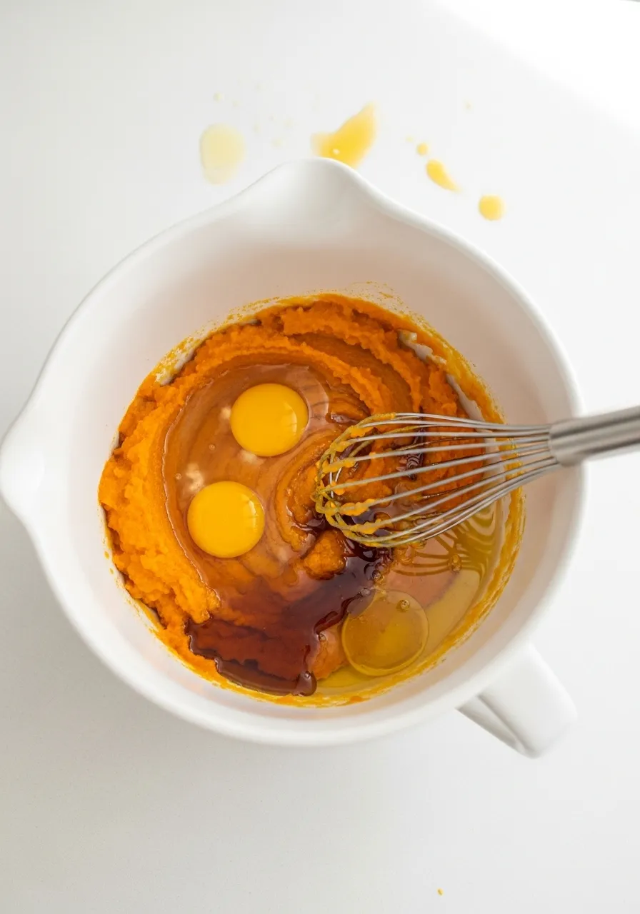 healthy-pumpkin-oat-bread-step3 Mixing pumpkin puree, eggs, maple syrup, and coconut oil in a bowl.