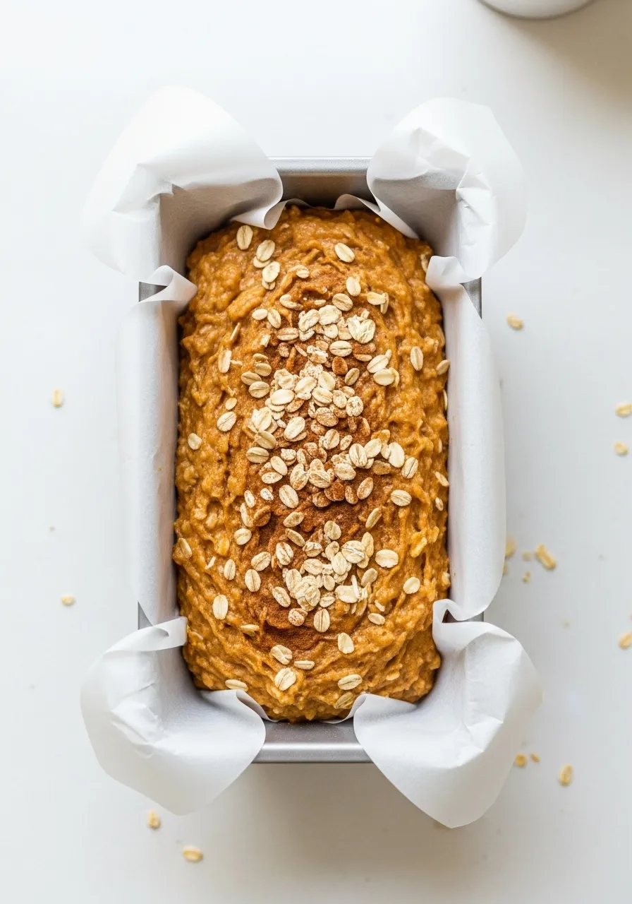 healthy-pumpkin-oat-bread-step5 Pumpkin oat bread batter in a loaf pan ready to bake.