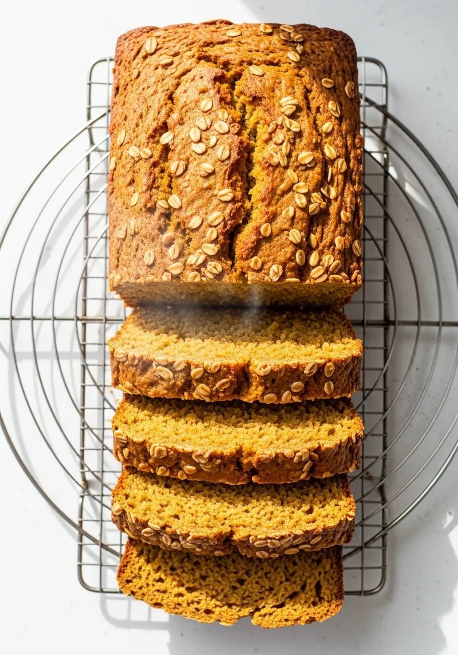 healthy-pumpkin-oat-bread-step6 Freshly baked pumpkin oat bread cooling on a wire rack.