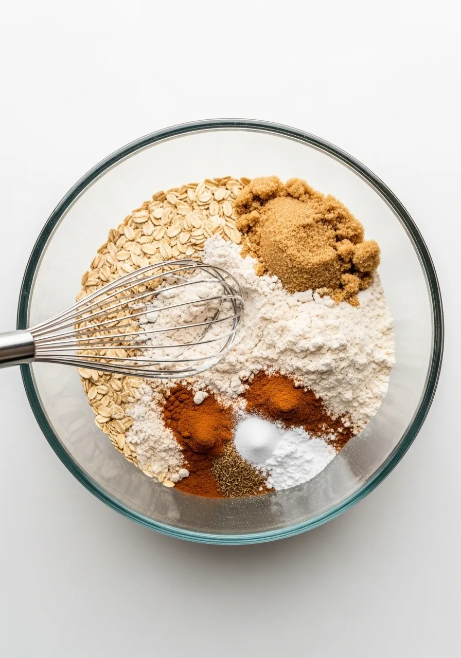 mixing dry ingredients for healthy pumpkin oatmeal cookies in a bowl