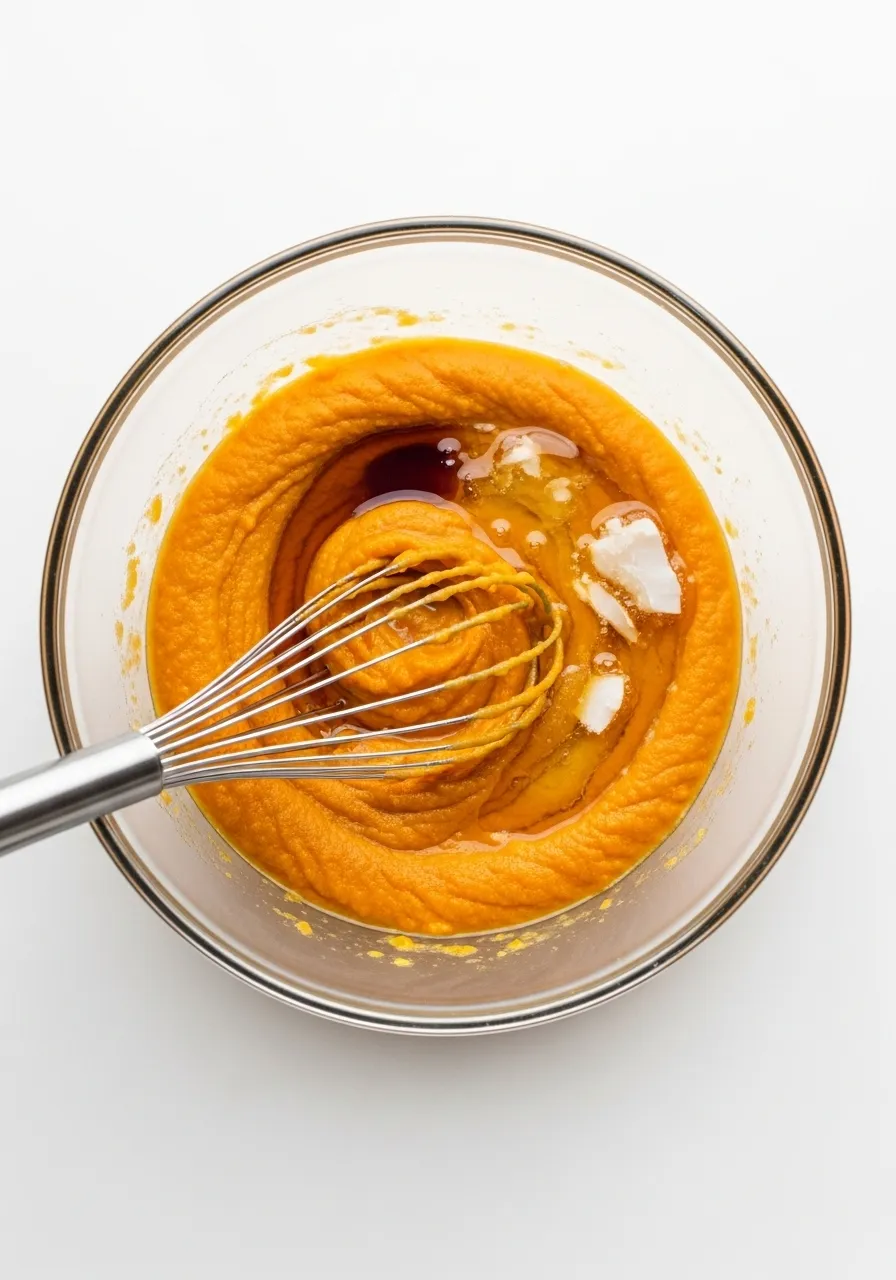 mixing pumpkin purée and other wet ingredients in a bowl for healthy pumpkin oatmeal cookies