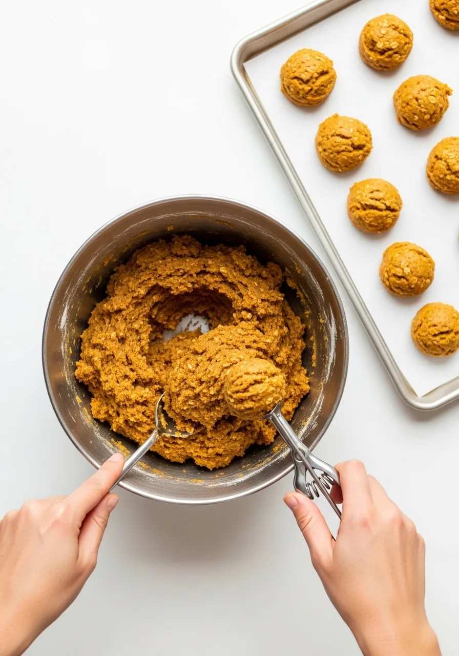scooping pumpkin oatmeal cookie dough onto a parchment-lined baking sheet
