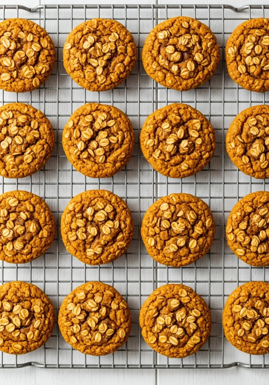 freshly baked healthy pumpkin oatmeal cookies cooling on a wire rack