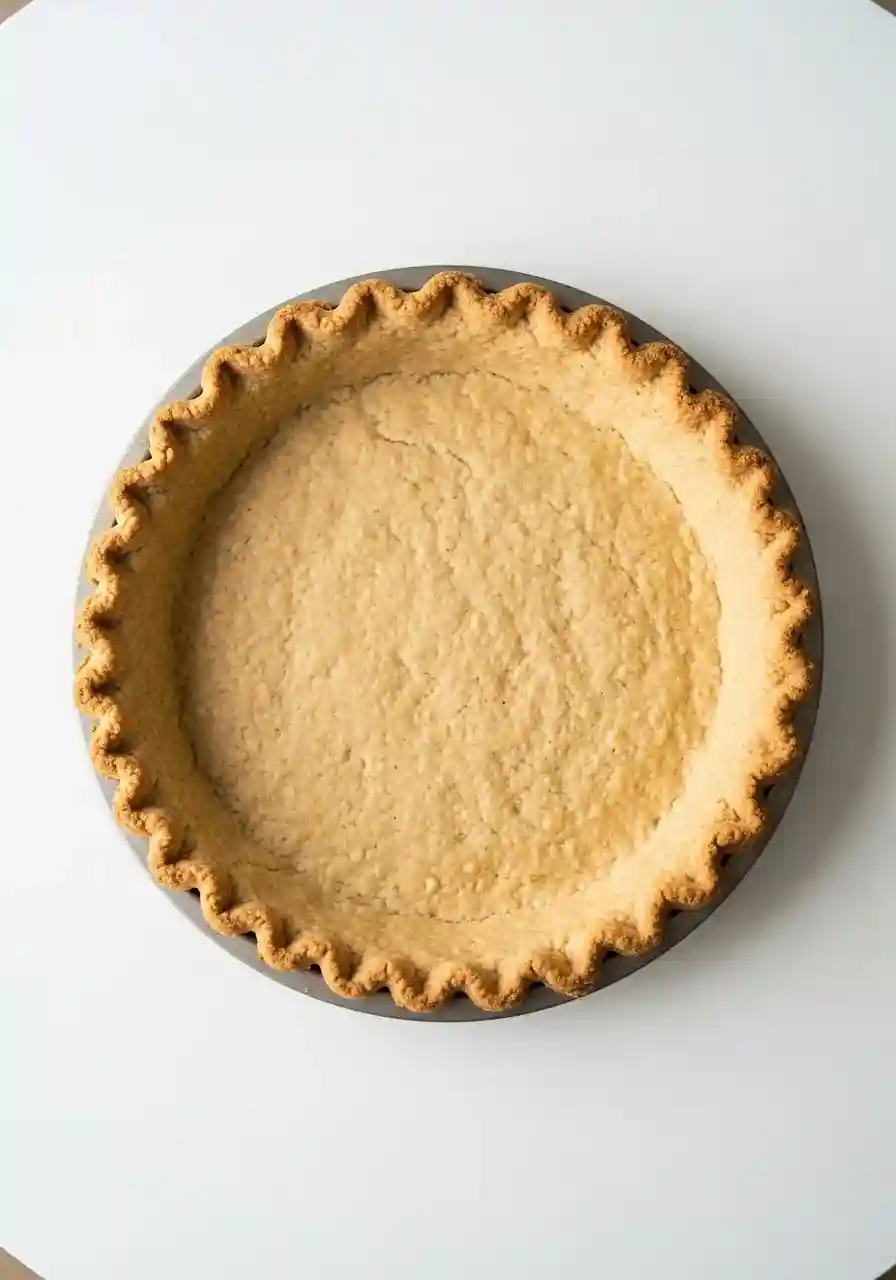 healthy-pumpkin-pie-crust-prep_compressed Pre-baked almond flour crust in a pie pan on a white table.