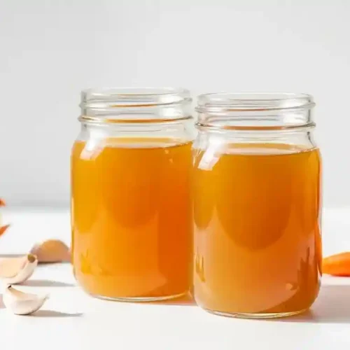 Easy Vegetable Broth Recipe: Rich, Flavorful, and Zero Waste 1 Golden homemade vegetable broth in glass jars with fresh carrots, onions, and garlic