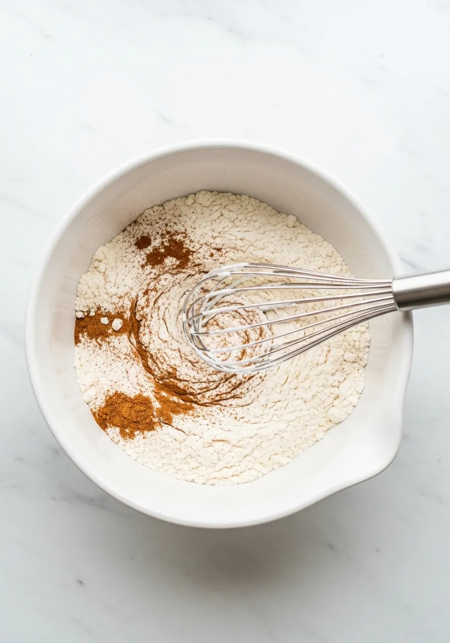 Mixing flour and spices in a white bowl for pumpkin cake batter.