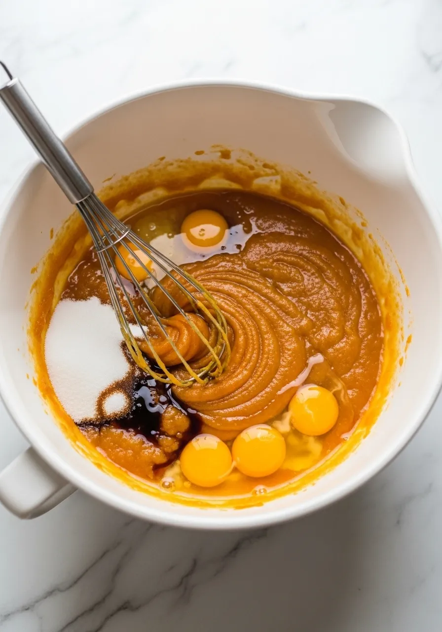 Mixing pumpkin purée, applesauce, eggs, and vanilla in a white bowl.
