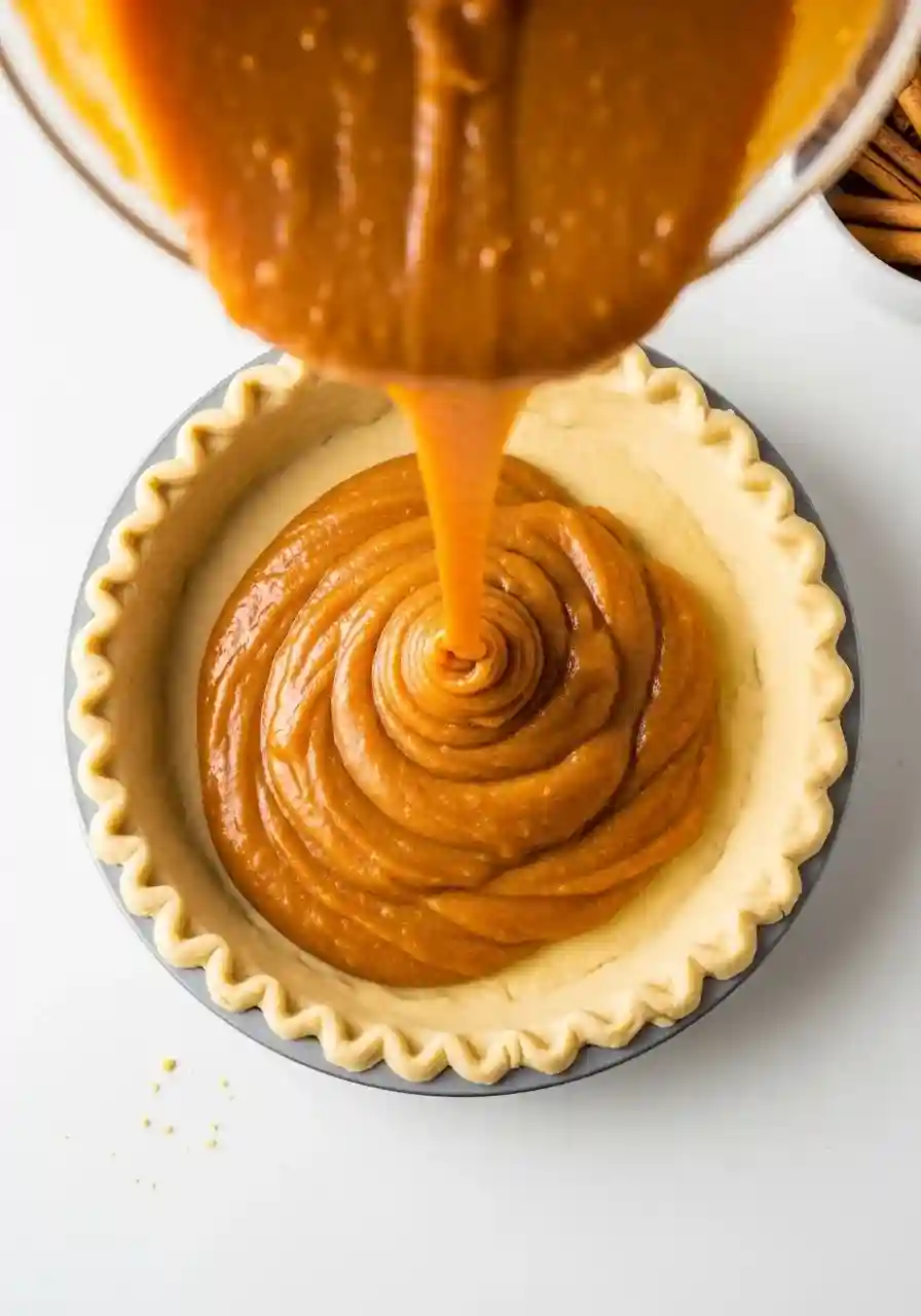 pouring-pumpkin-pie-filling_compressed Pouring creamy pumpkin pie filling into a pie crust.
