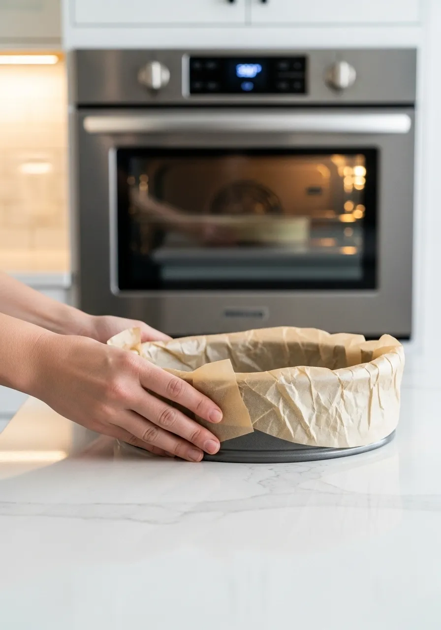 Preparing a cake pan lined with parchment paper for baking a healthy pumpkin applesauce cake