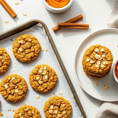 chewy healthy pumpkin oatmeal cookies cooling on a baking tray with pumpkin purée and oats