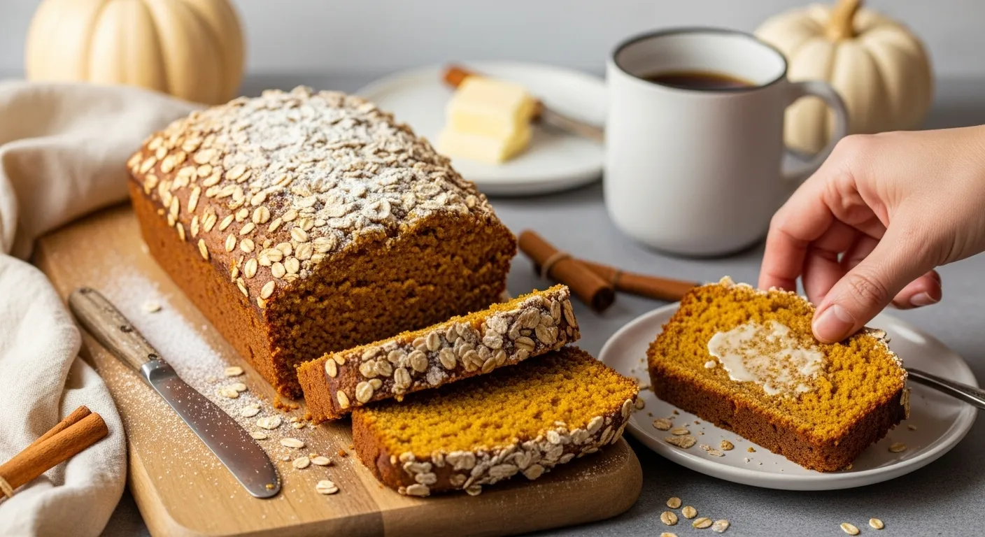 pumpkin-bread-recipe-with-oats-and-butter Pumpkin bread loaf topped with oats and powdered sugar, sliced and served with butter and coffee for a cozy fall breakfast.