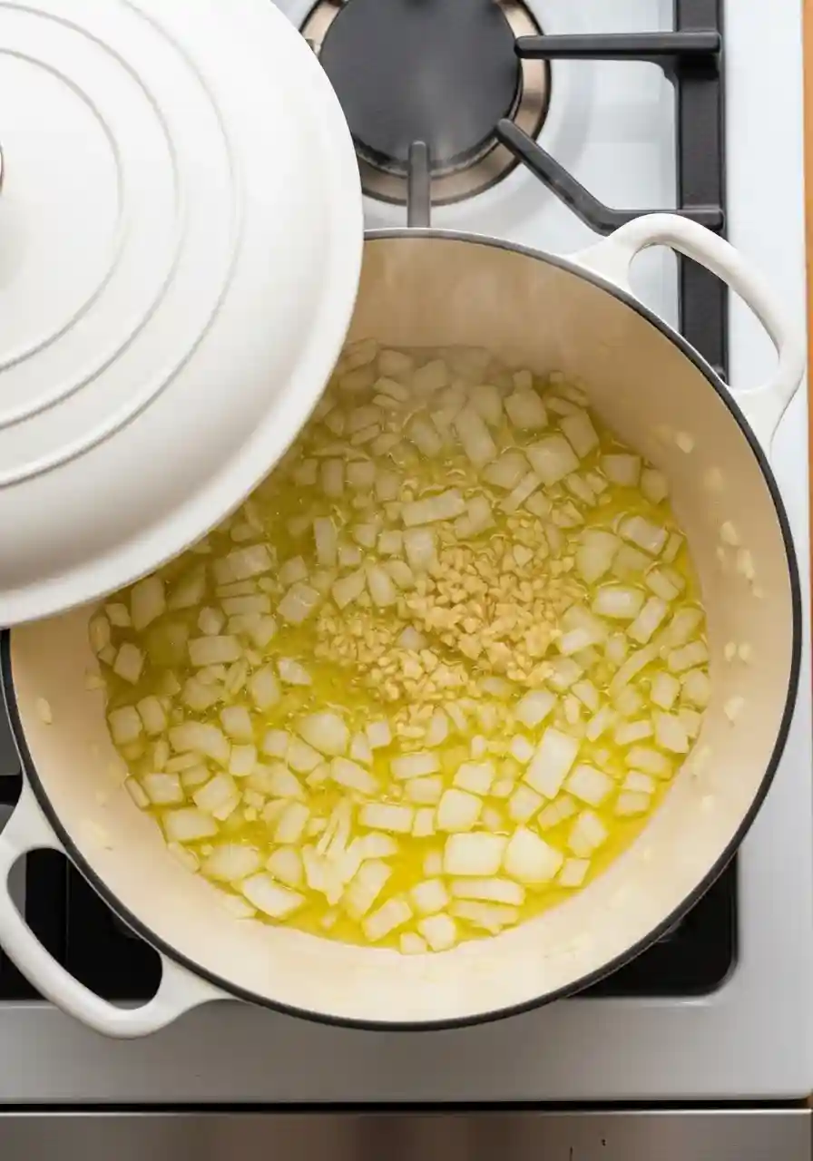 Onion and garlic sautéing in olive oil on cooktop for vegan pumpkin lentil soup.