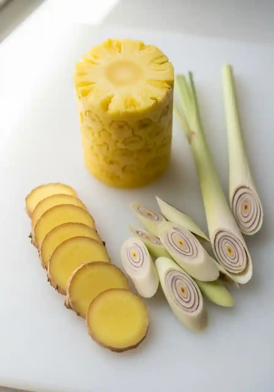 Preparing pineapple core, ginger, and lemongrass for Costa Rican tea for weight loss recipe.