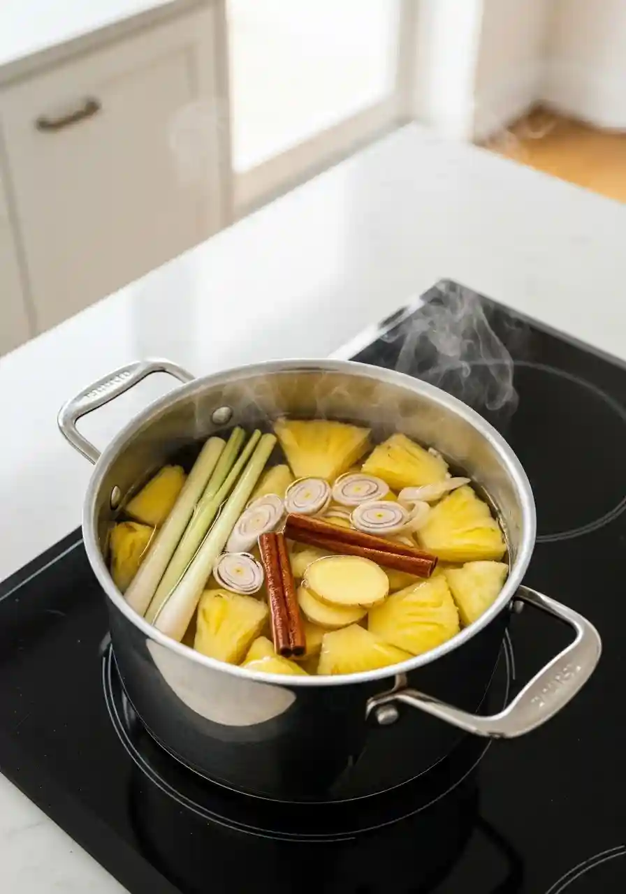 Simmering pineapple, ginger, and lemongrass for Costa Rican tea for weight loss.
