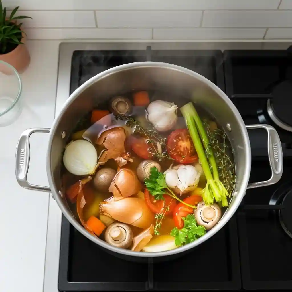 vegetable-scraps-broth-cooktop_compressed Vegetable scraps simmering on a cooktop to make zero-waste homemade broth