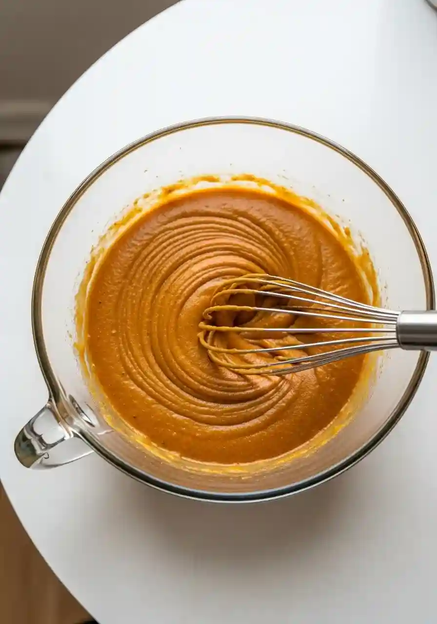 whisking-pumpkin-pie-filling_compressed Whisking pumpkin pie filling with pumpkin purée, coconut milk, and spices.