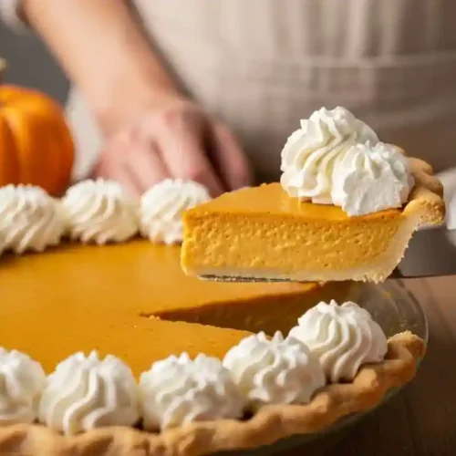 Easy Healthy Pumpkin Pie Recipe – No Refined Sugar, Just Pure Comfort. 1 Woman holding a slice of creamy pumpkin pie with whipped cream topping on a wooden surface, surrounded by mini pumpkins.
