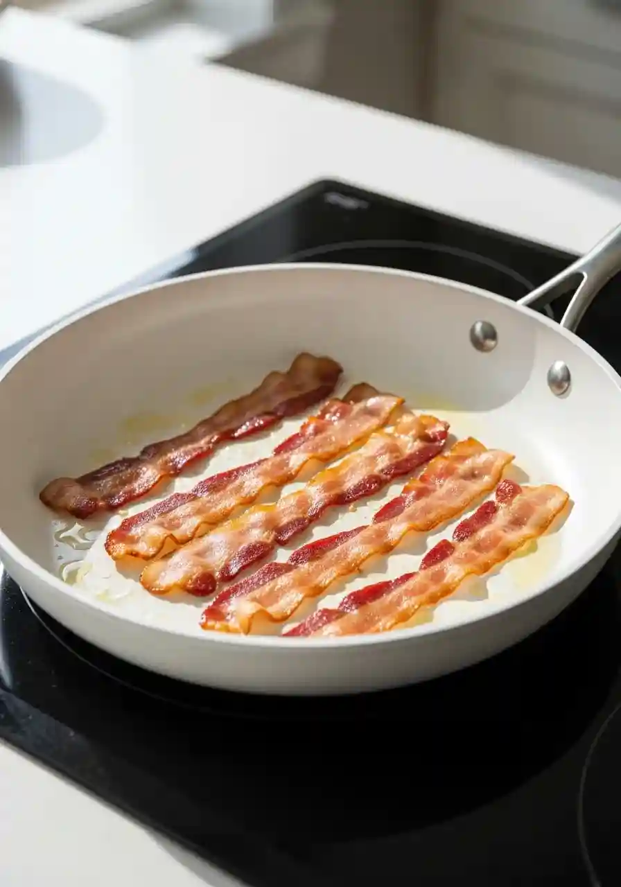 Crispy turkey bacon cooking in a skillet.